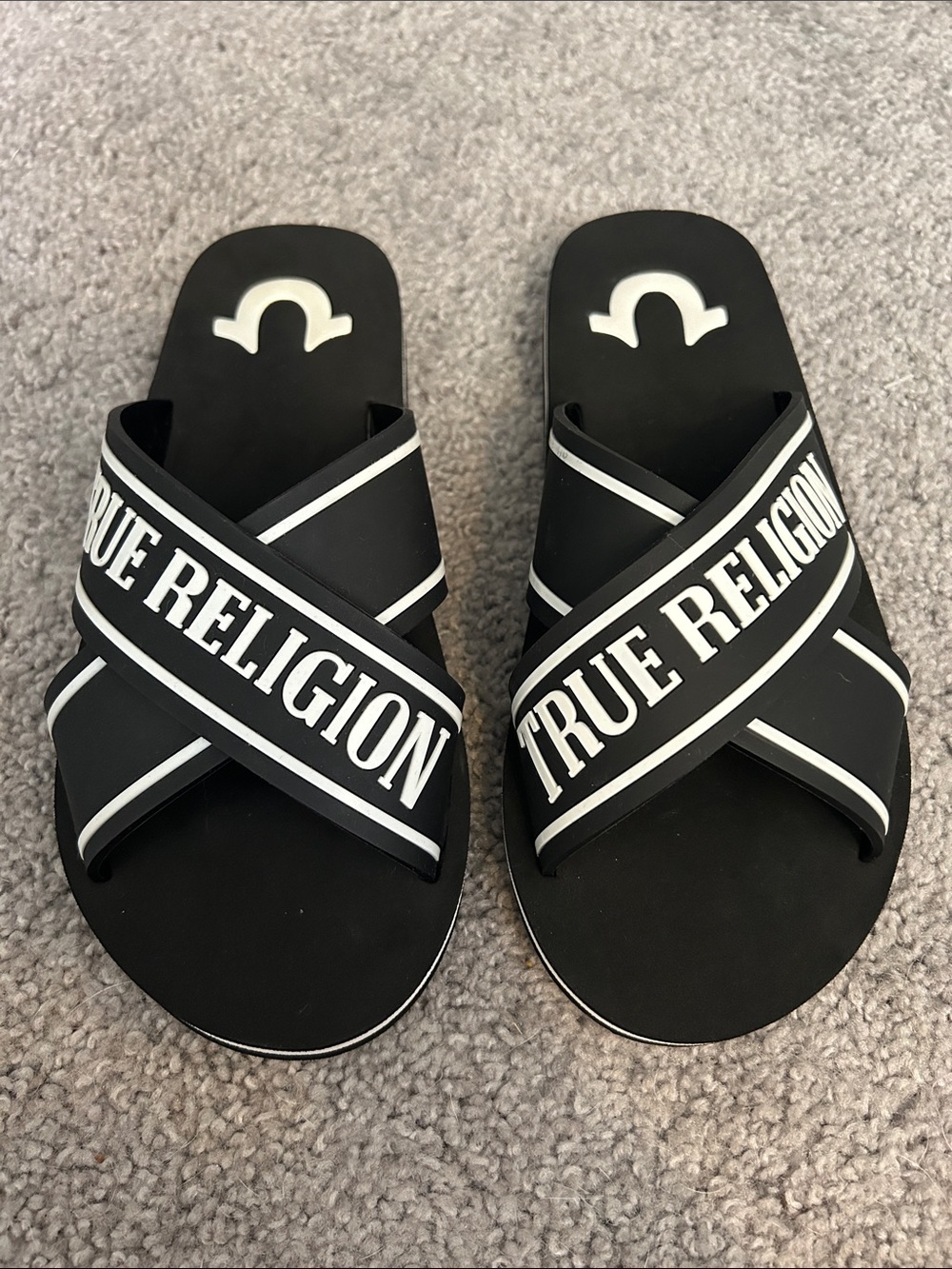 True Religion Black and White Logo Lindsey Cross-Strap Slides - Size 7
